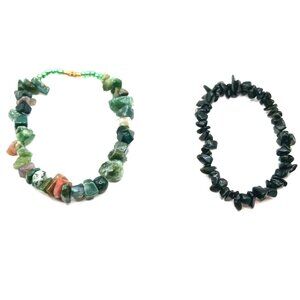Green Aventurine Chip Beaded  Bracelet + Black Stone Sterchy Bracelet